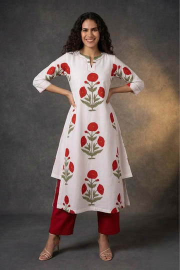 Red Poppy Meadow Cotton Long Kurta With Side Twist