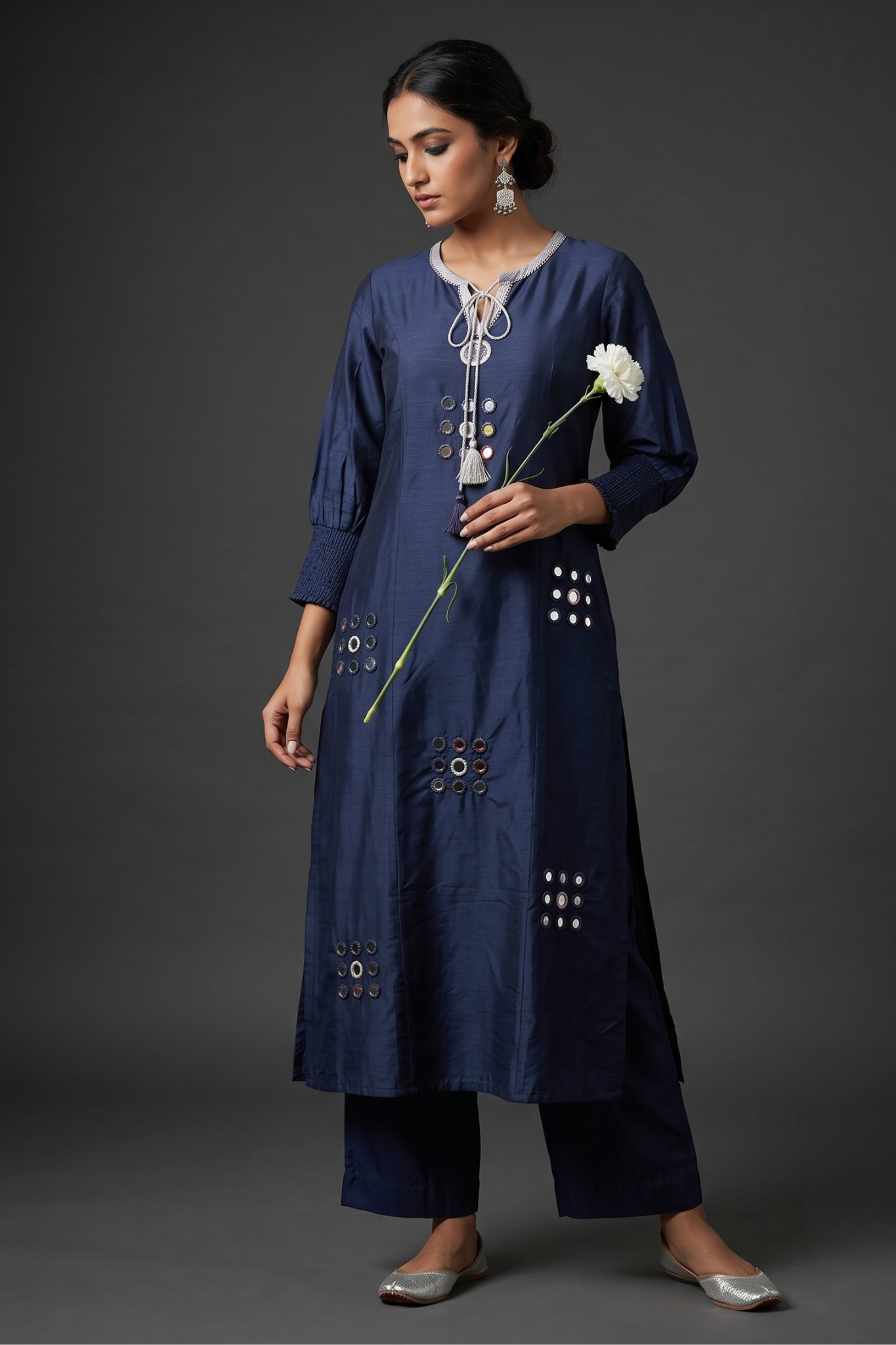 Silk Slub Deep Blue Kurta with Mirror work