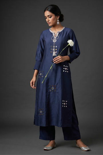 Silk Slub Deep Blue Kurta with Mirror work