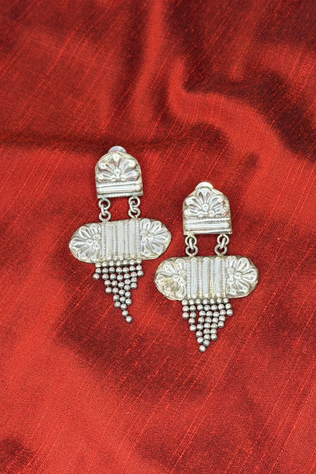 Ribbed Flute & Beaded Drops Oxidised Earrings