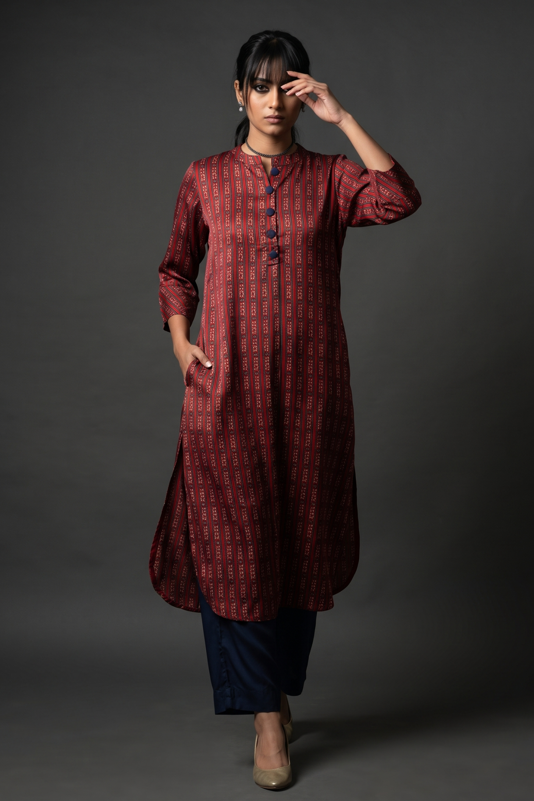 Ruby__Indigo_Floret_Stand_Collar_Kurta_with_Round_Hemline_In_Modal
