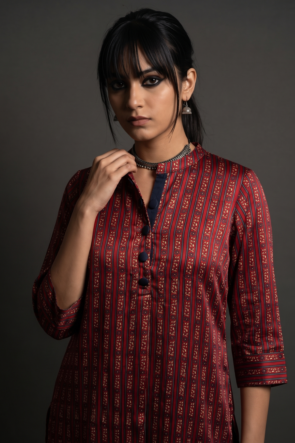 Ruby__Indigo_Floret_Stand_Collar_Kurta_with_Round_Hemline_In_Modal