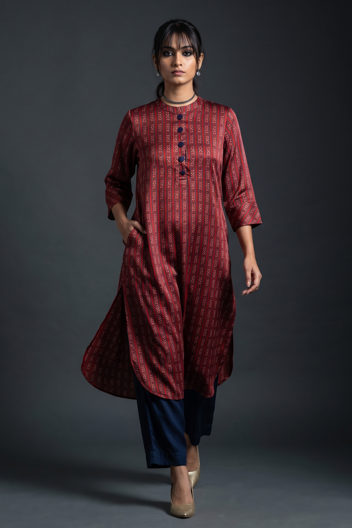 Ruby__Indigo_Floret_Stand_Collar_Kurta_with_Round_Hemline_In_Modal