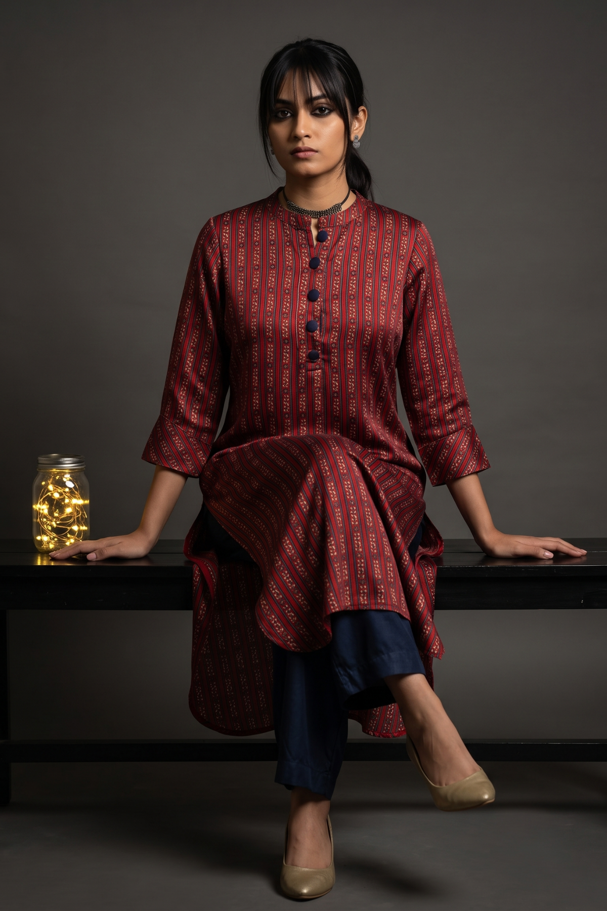 Ruby__Indigo_Floret_Stand_Collar_Kurta_with_Round_Hemline_In_Modal