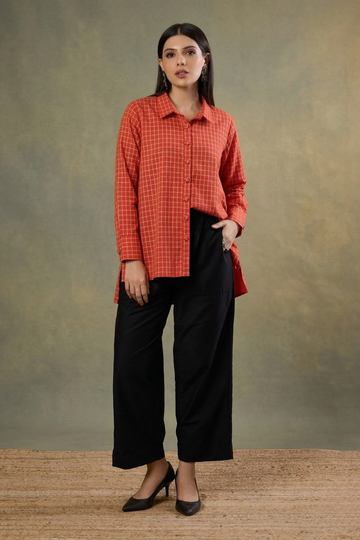 Saffron_Square_Weave_High_Low_Hem_Cotton_Shirt