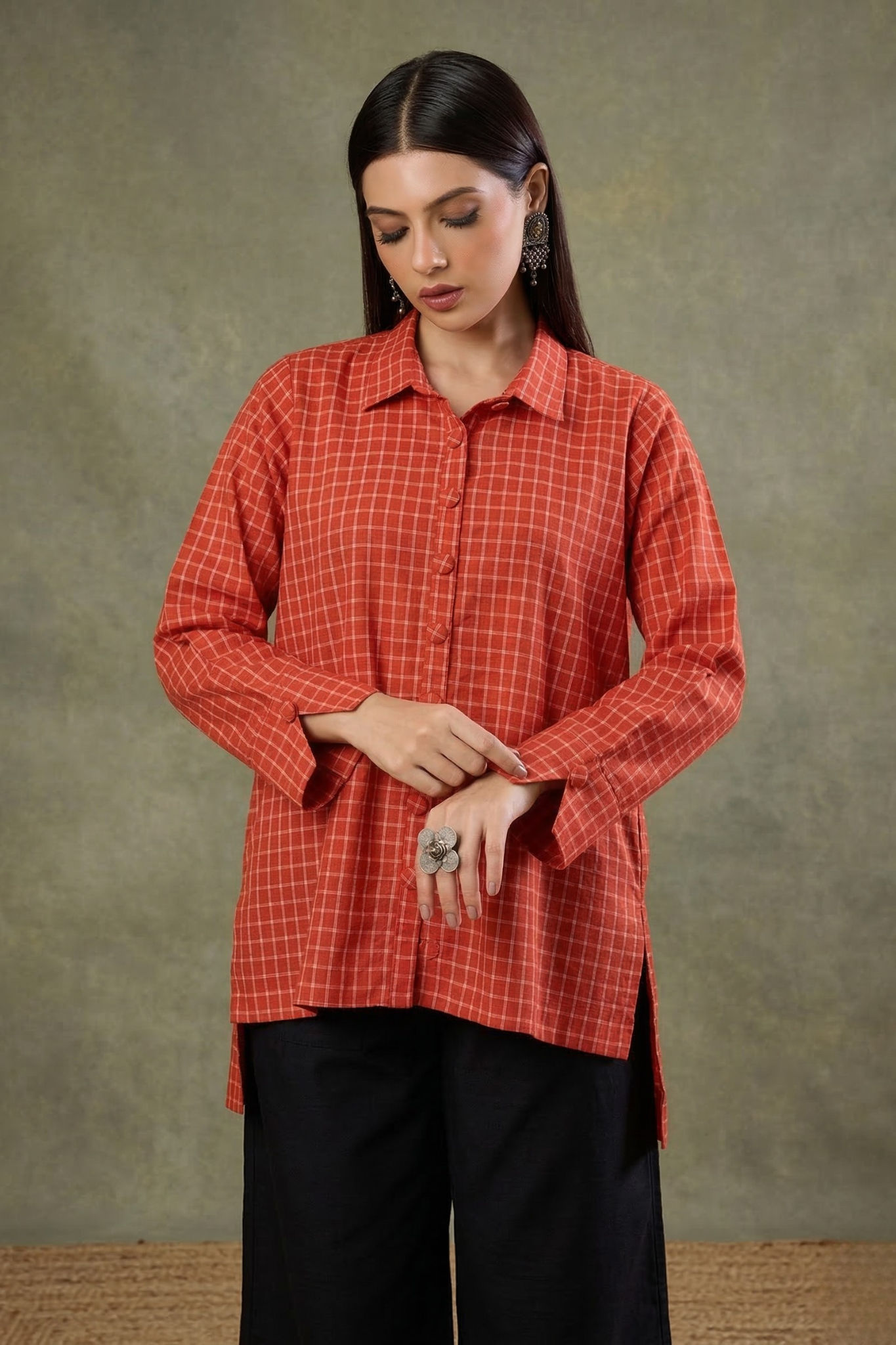 Saffron_Square_Weave_High_Low_Hem_Cotton_Shirt