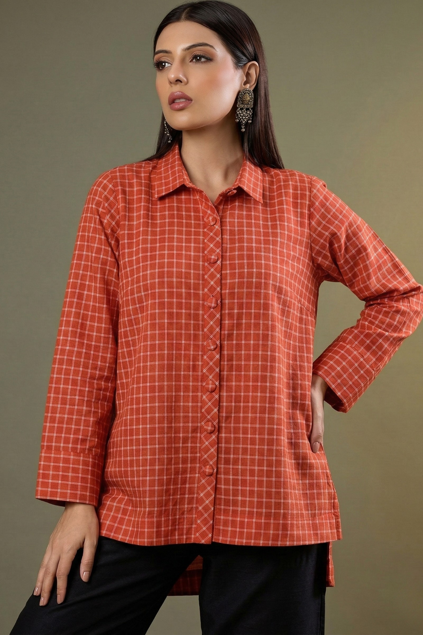 Saffron_Square_Weave_High_Low_Hem_Cotton_Shirt