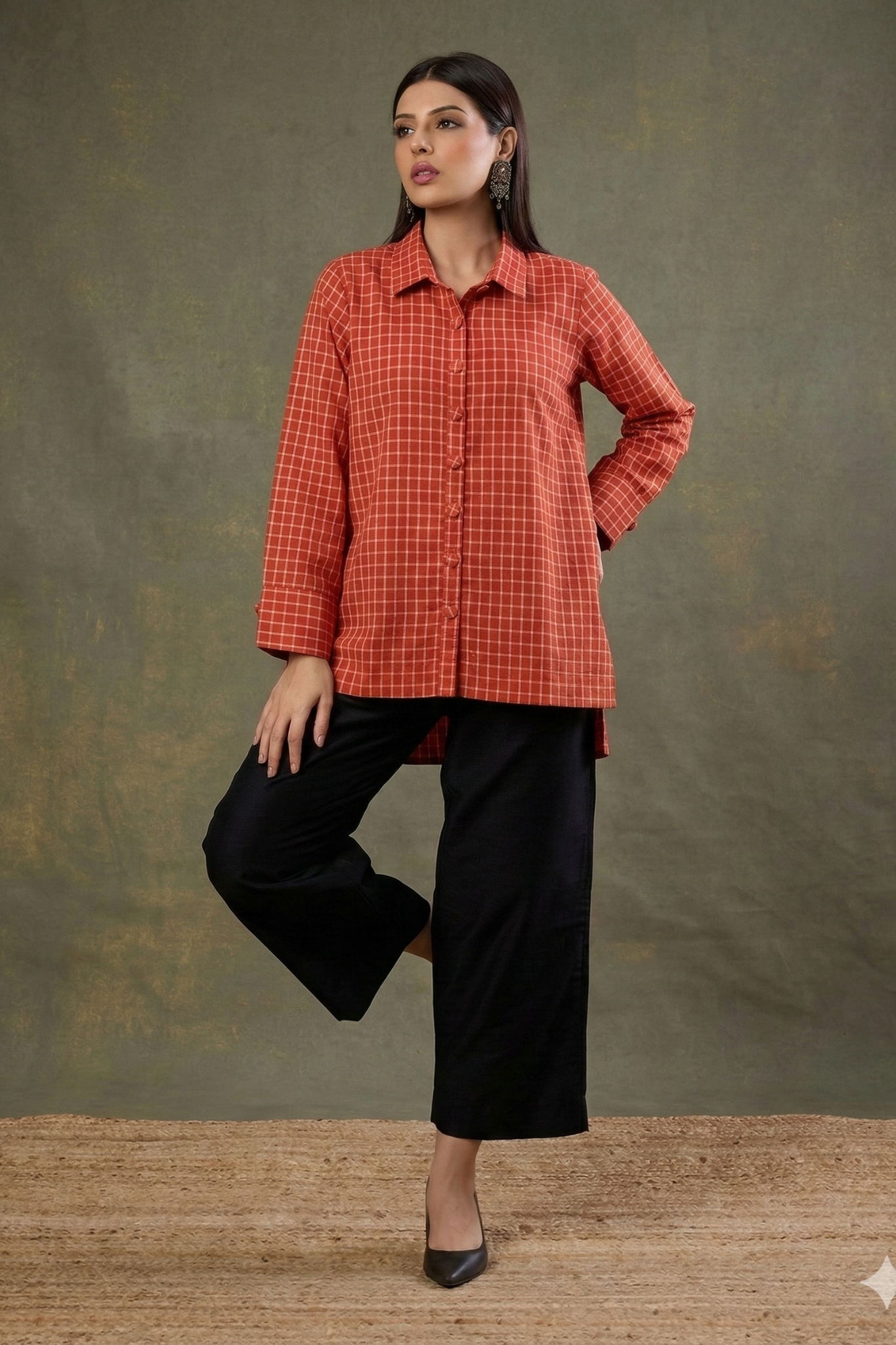 Saffron_Square_Weave_High_Low_Hem_Cotton_Shirt