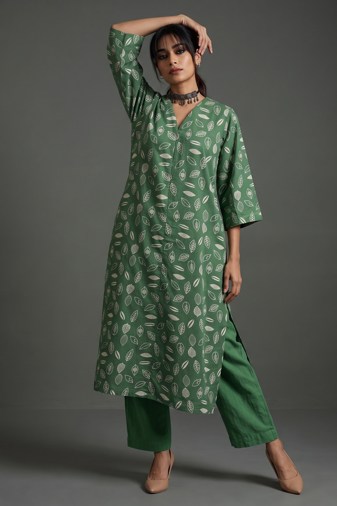 Sage_Multi-Leaf_Handblock_Printed_Cotton_Front_Zipper_A-Line_Kurta
