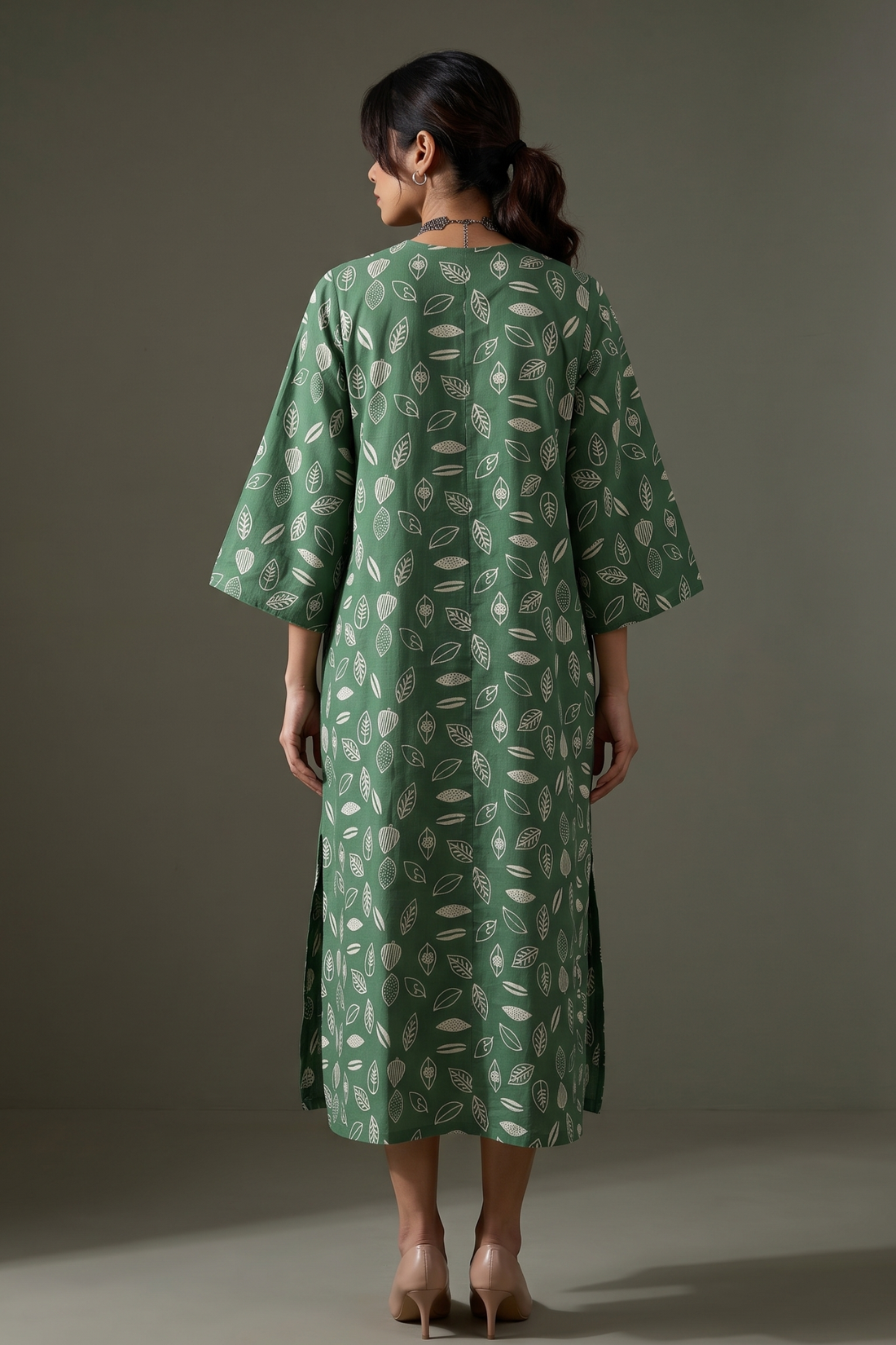 Sage_Multi-Leaf_Handblock_Printed_Cotton_Front_Zipper_A-Line_Kurta
