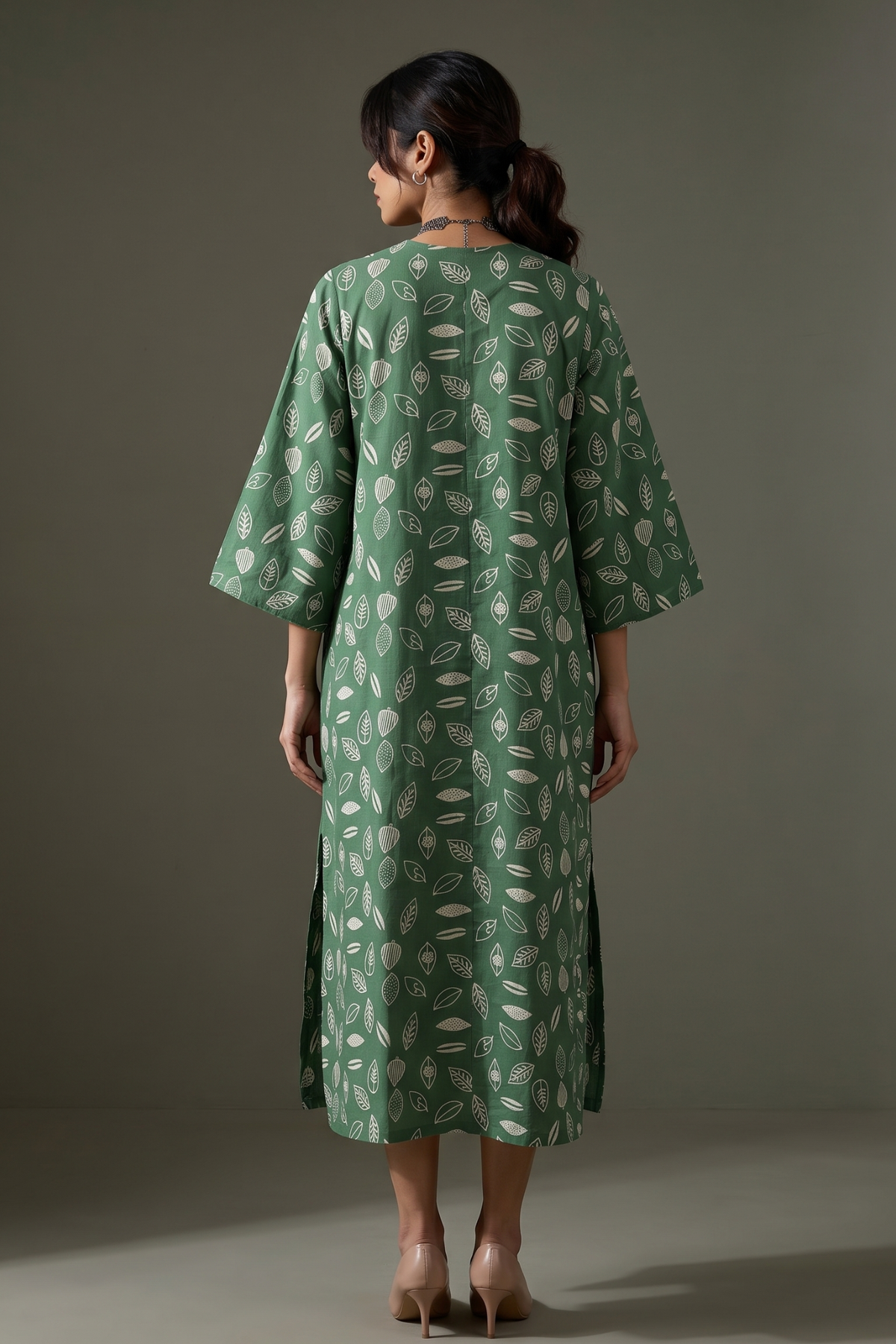 Sage_Multi-Leaf_Handblock_Printed_Cotton_Front_Zipper_A-Line_Kurta