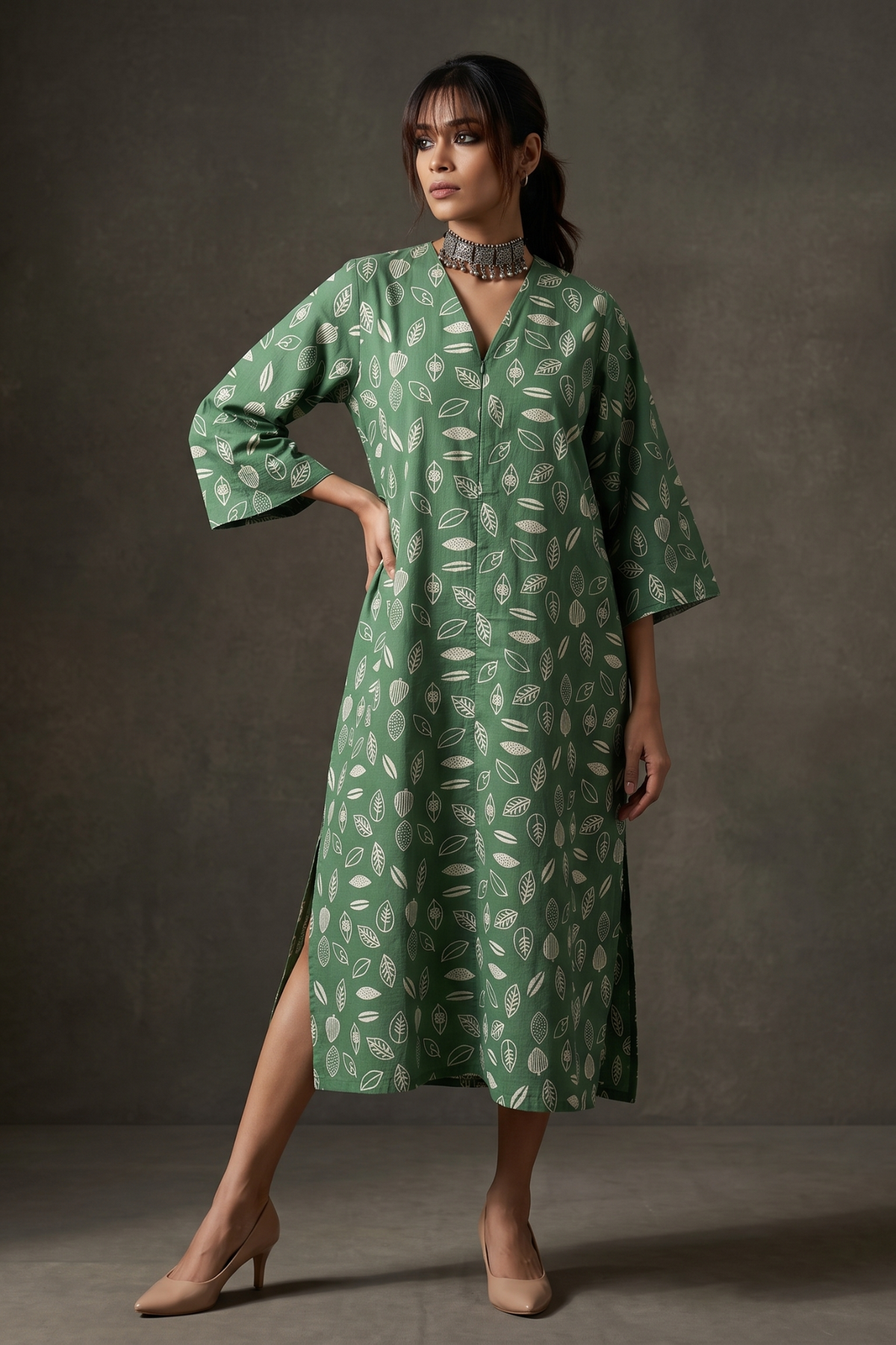 Sage_Multi-Leaf_Handblock_Printed_Cotton_Front_Zipper_A-Line_Kurta