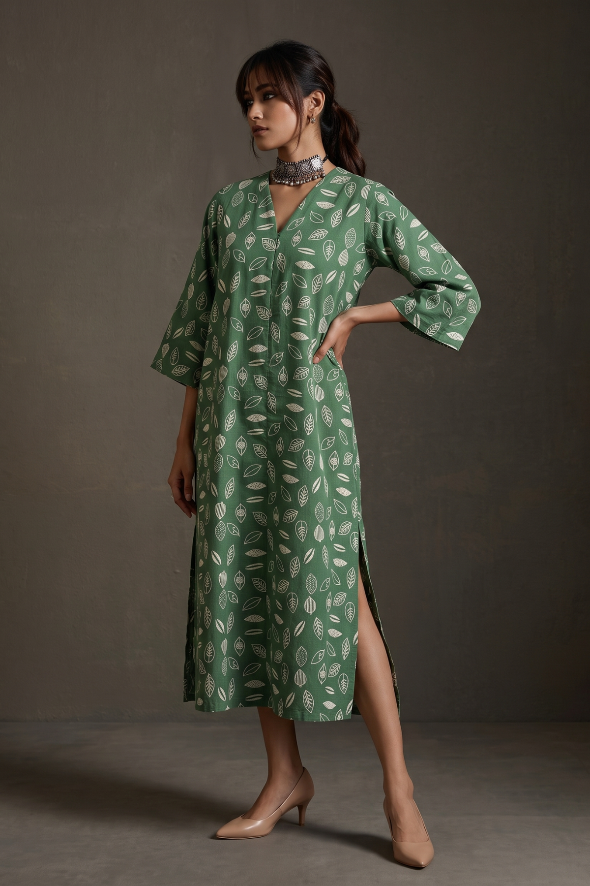 Sage_Multi-Leaf_Handblock_Printed_Cotton_Front_Zipper_A-Line_Kurta