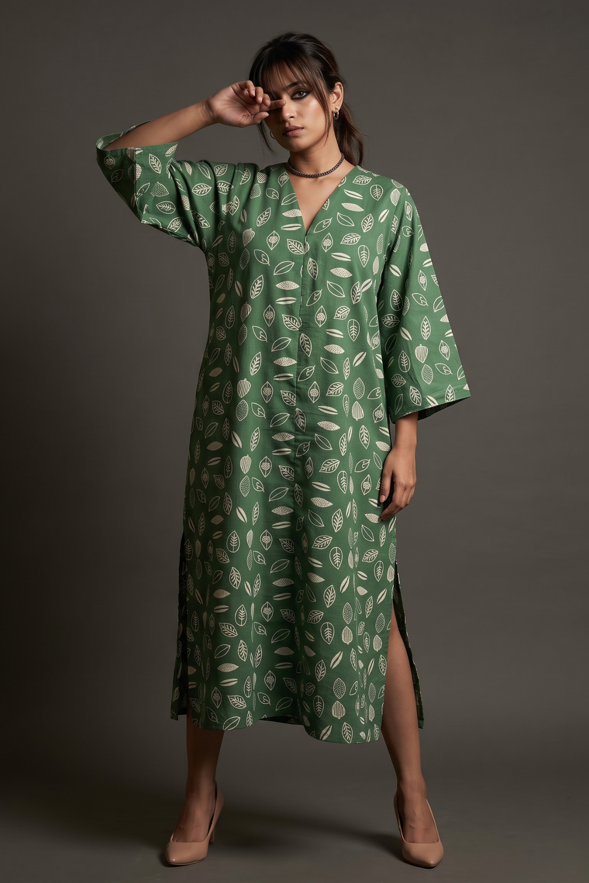 Sage_Multi-Leaf_Handblock_Printed_Cotton_Front_Zipper_A-Line_Kurta