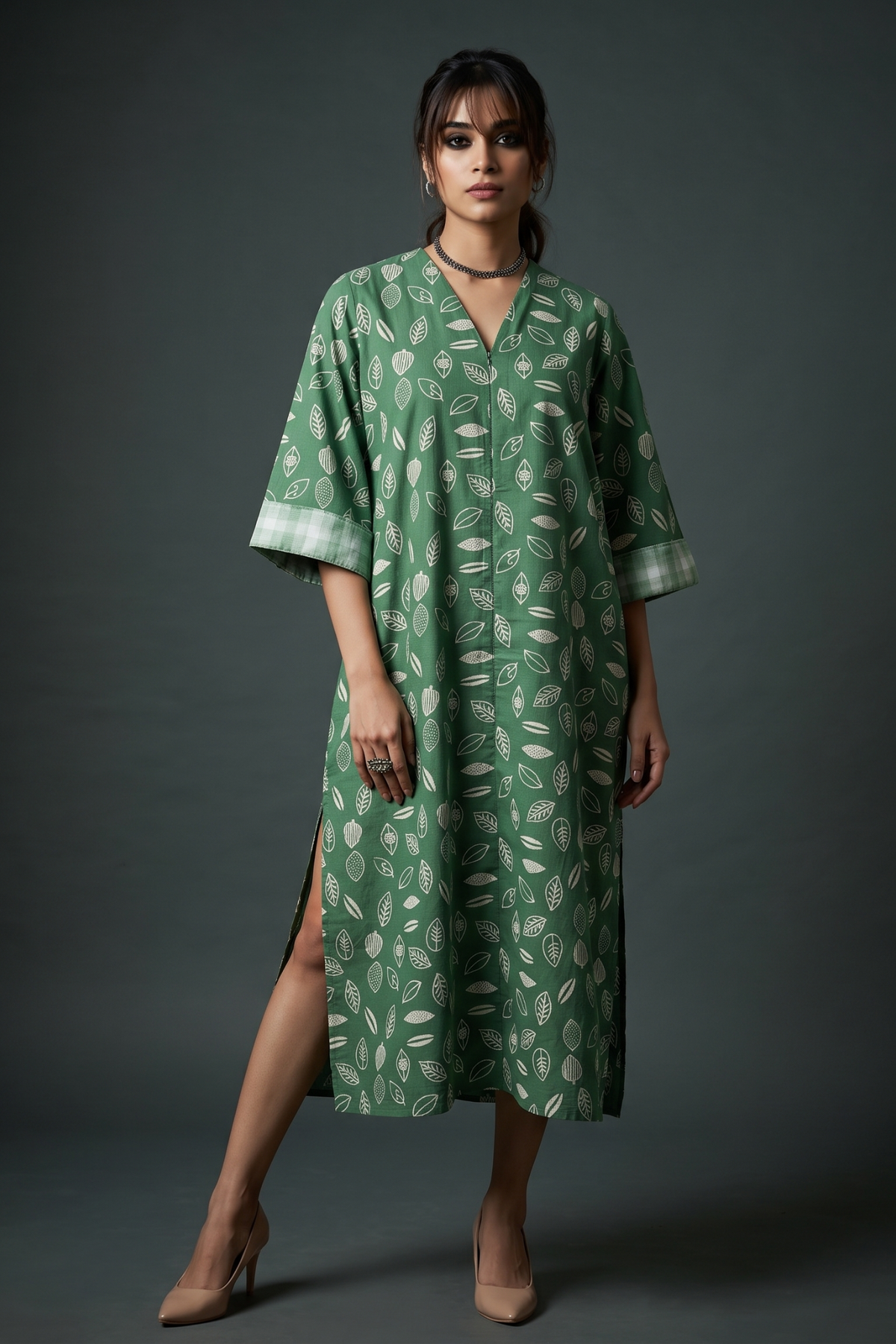 Sage_Multi-Leaf_Handblock_Printed_Cotton_Front_Zipper_A-Line_Kurta