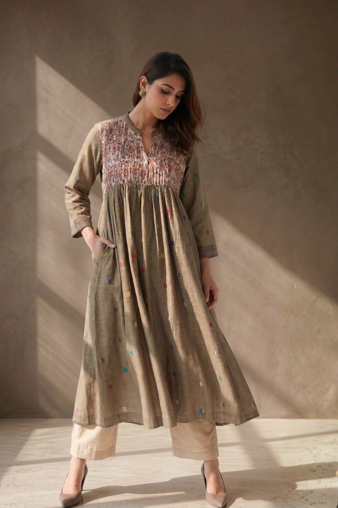 Beige polka dot gather flared dress with chanderi yoke 
