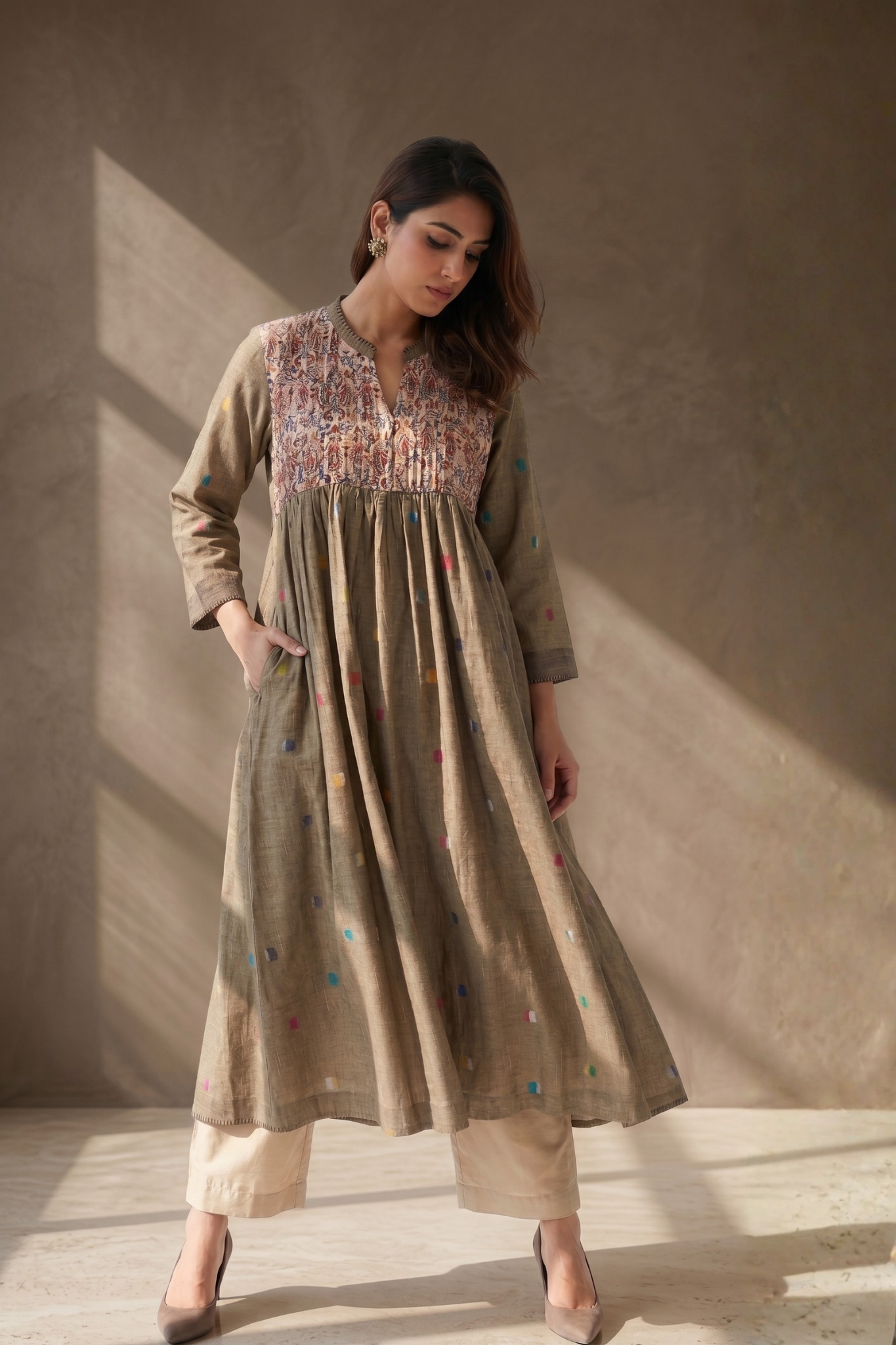 Beige polka dot gather flared dress with chanderi yoke 