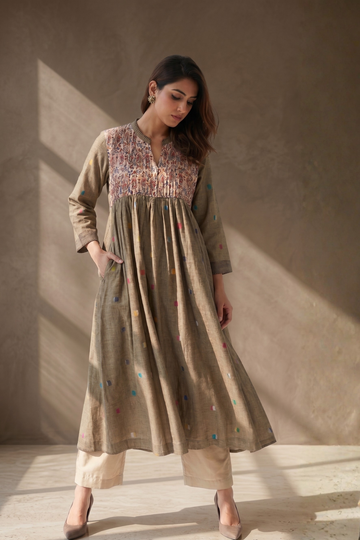Beige polka dot gather flared dress with chanderi yoke 