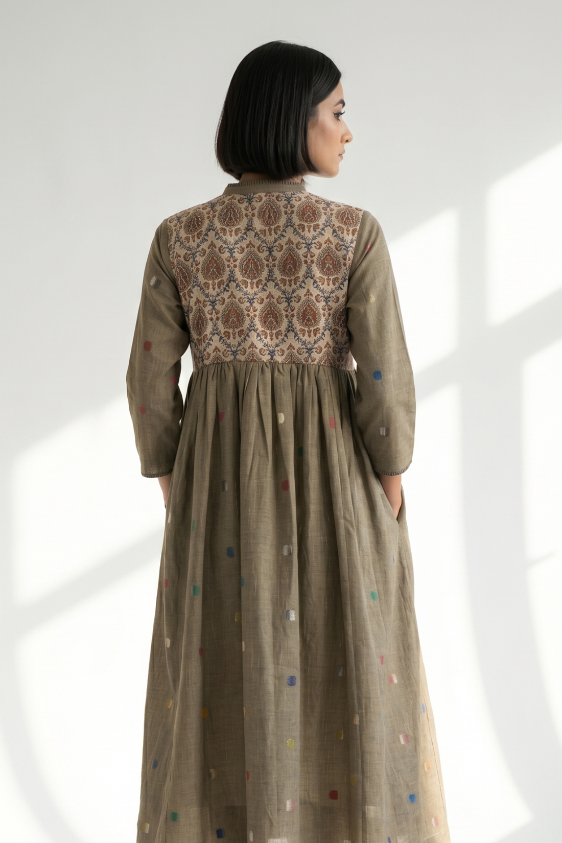 Beige polka dot gather flared dress with chanderi yoke 