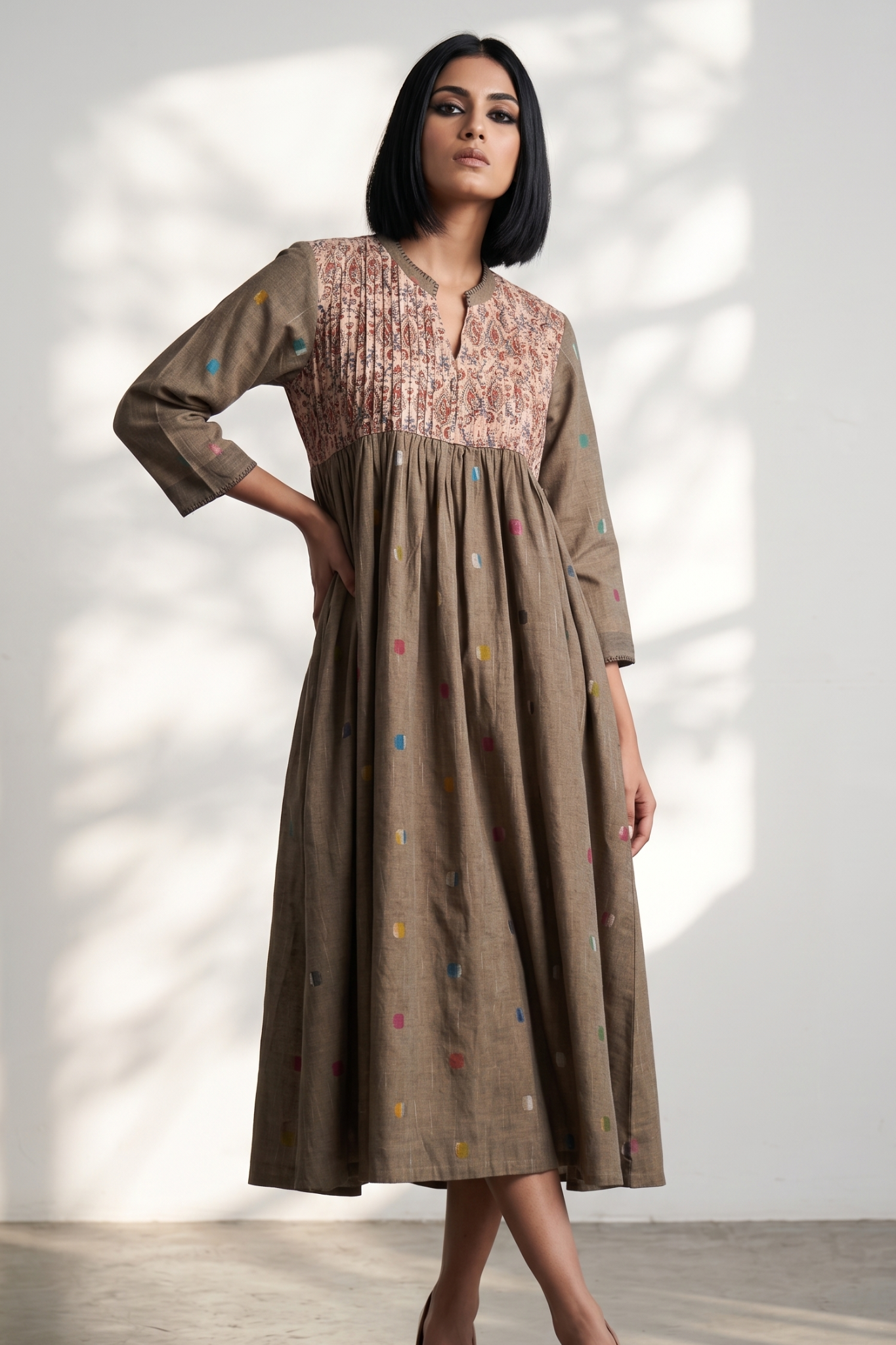Beige polka dot gather flared dress with chanderi yoke 