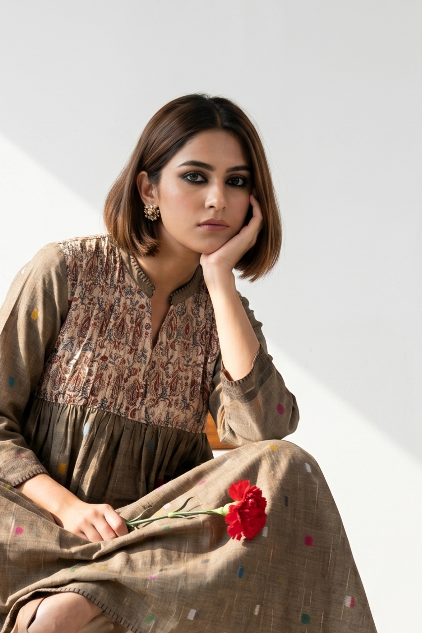 Beige polka dot gather flared dress with chanderi yoke 