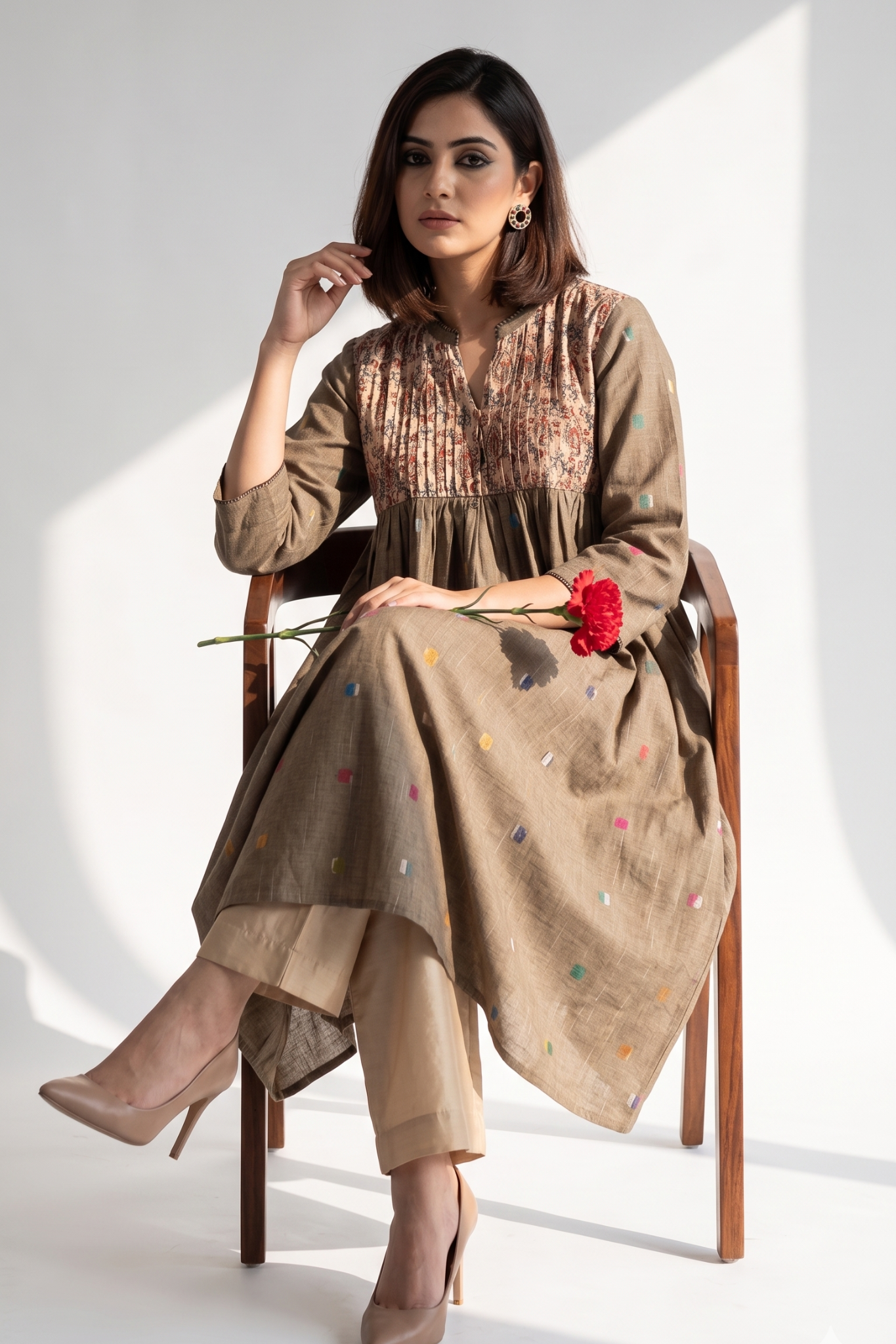 Beige polka dot gather flared dress with chanderi yoke 