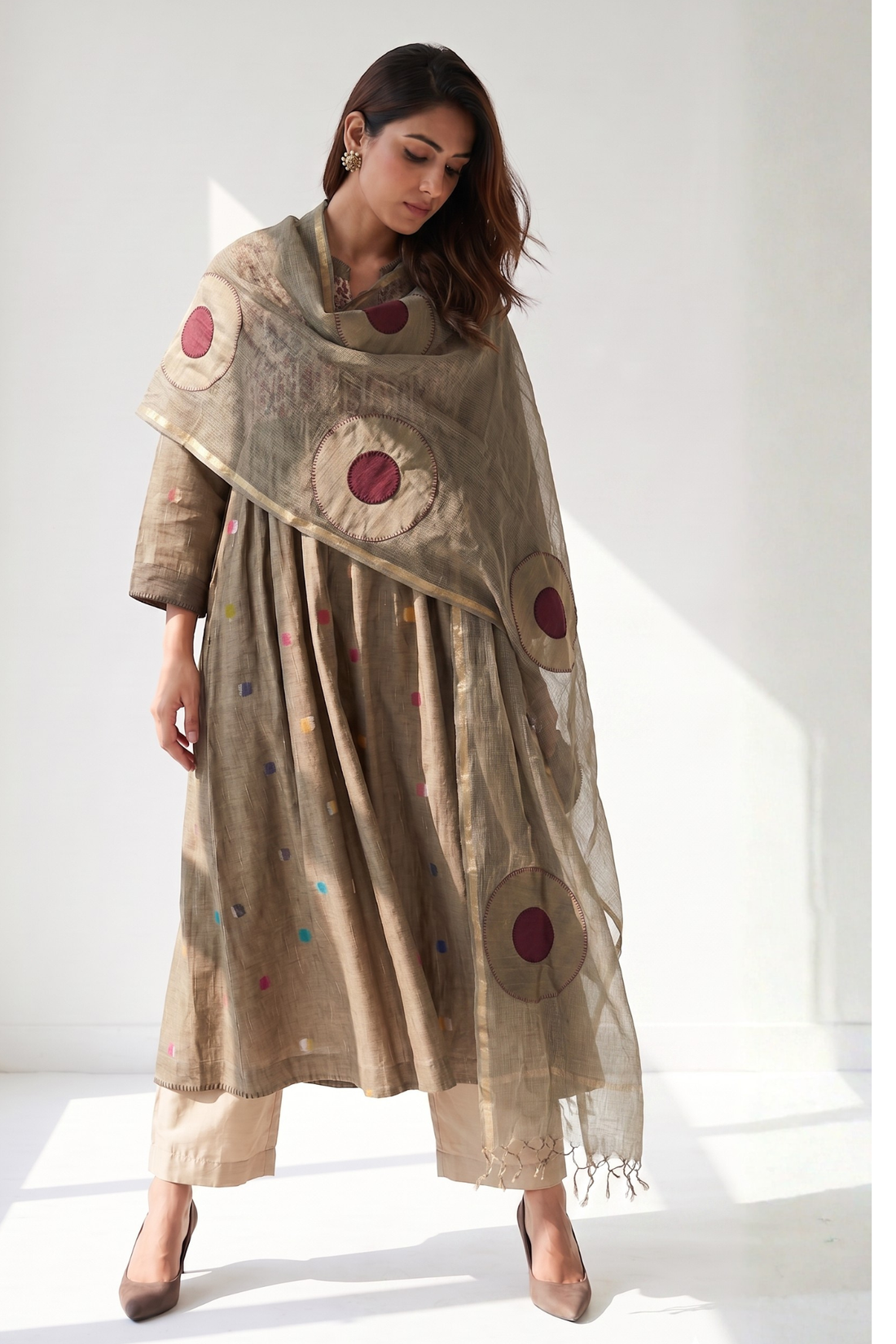 Beige polka dot gather flared dress with chanderi yoke 