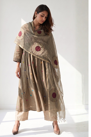 Beige polka dot gather flared dress with chanderi yoke 