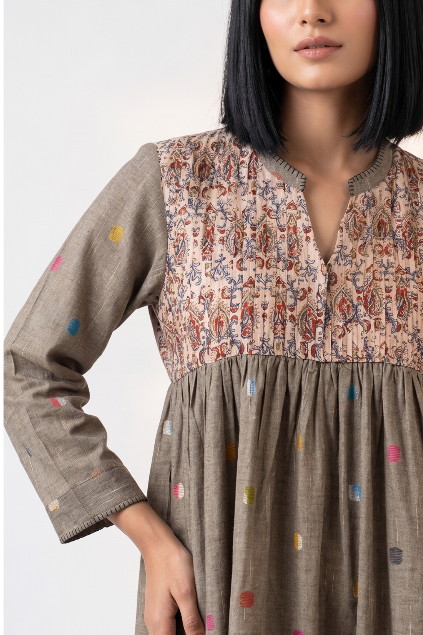 Beige polka dot gather flared dress with chanderi yoke 