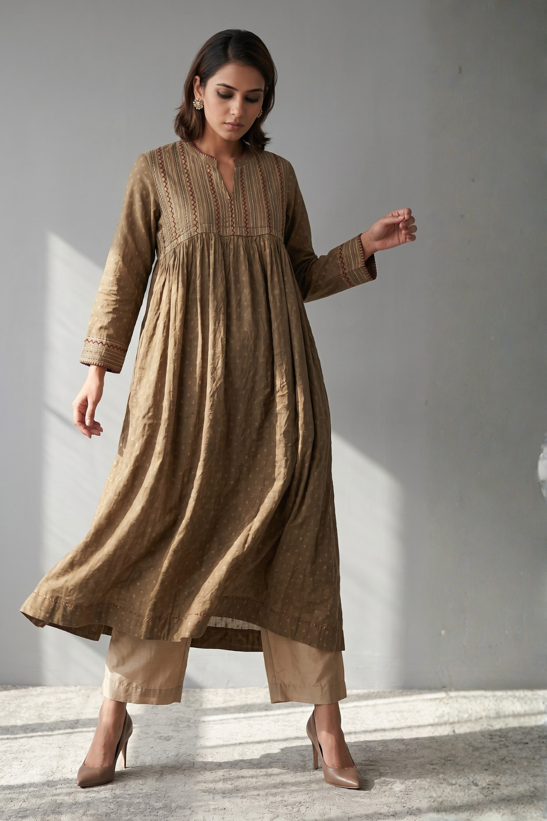Sand_beige_Gold_Pintuck_Yoke_Dress