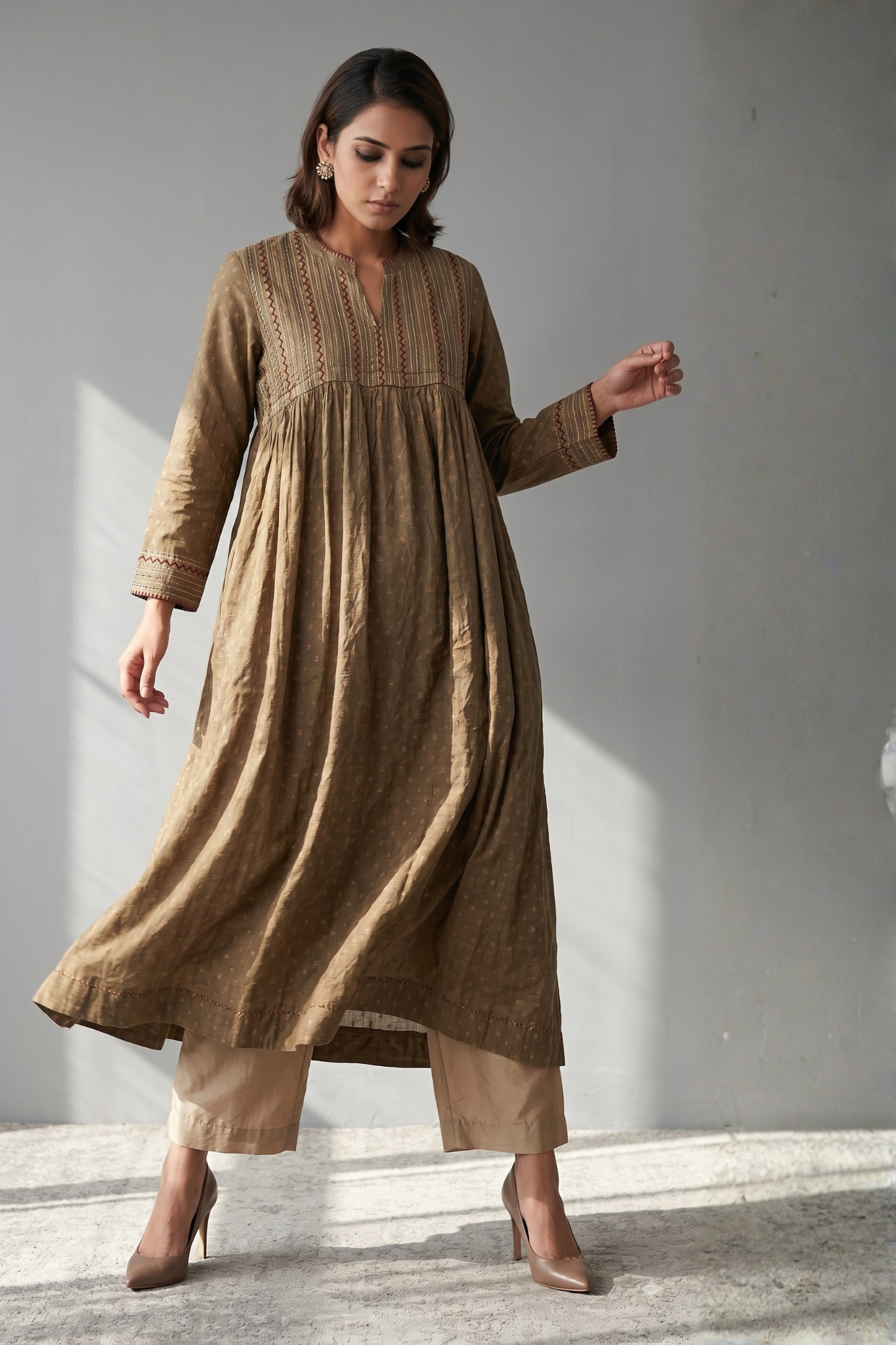 Sand_beige_Gold_Pintuck_Yoke_Dress