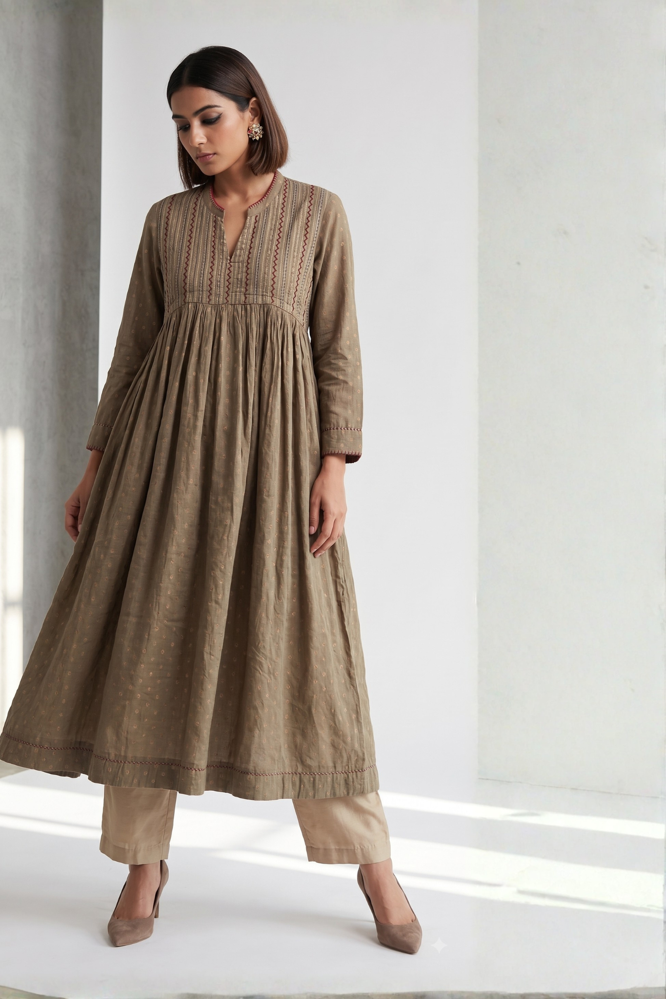 Sand_beige_Gold_Pintuck_Yoke_Dress