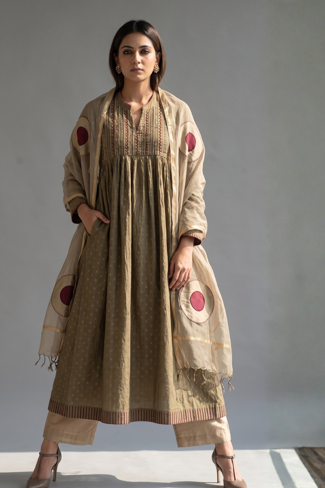 Sand_beige_Gold_Pintuck_Yoke_Dress
