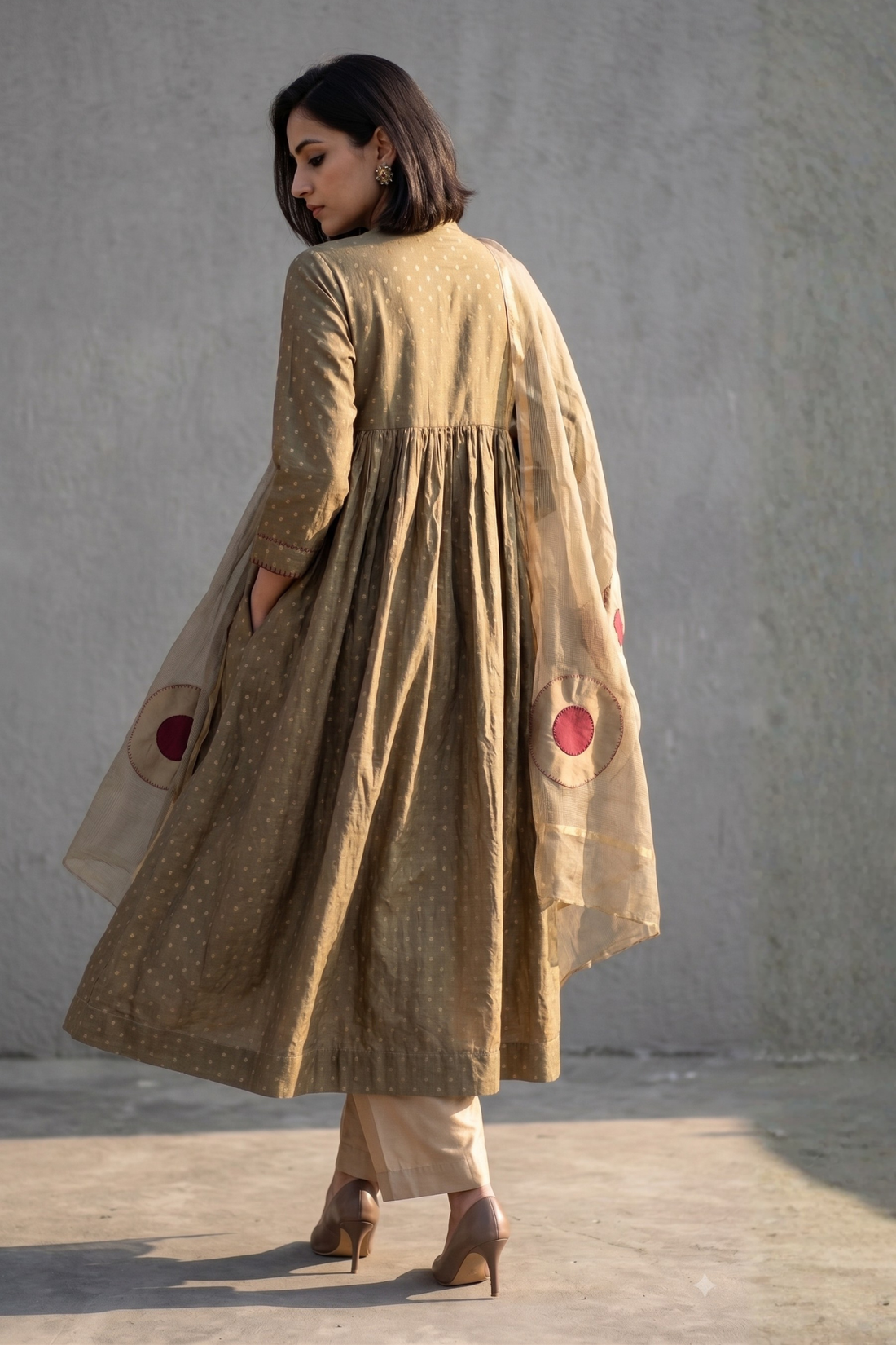 Sand_beige_Gold_Pintuck_Yoke_Dress