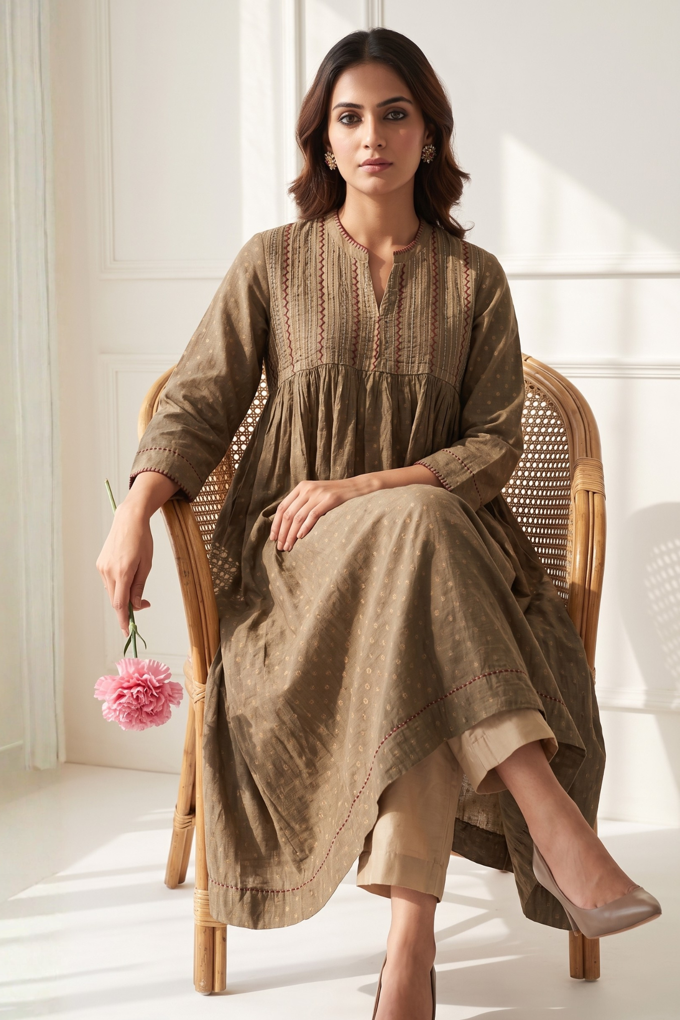 Sand_beige_Gold_Pintuck_Yoke_Dress