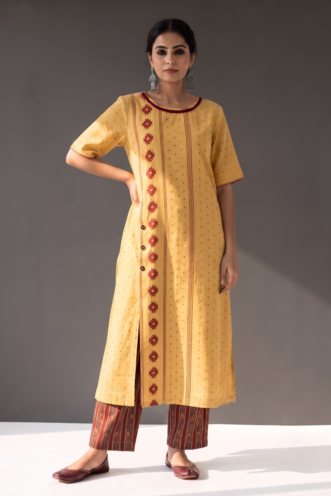 Sandstone and Amber Dots Dobby Cotton Side Button Adjustable Slit Kurta
