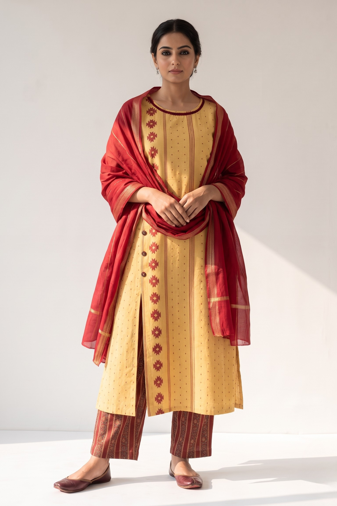 Sandstone and Amber Dots Dobby Cotton Side Button Adjustable Slit Kurta