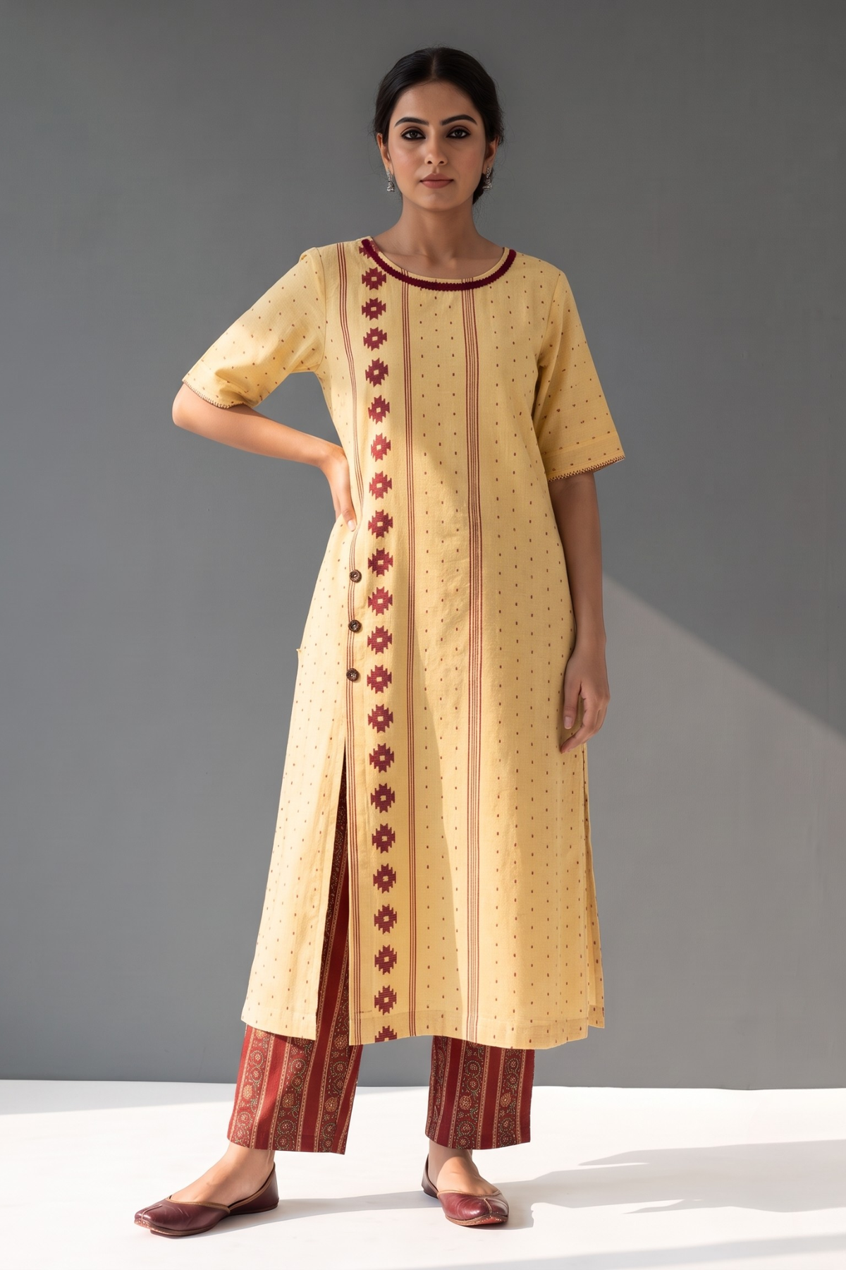 Sandstone and Amber Dots Dobby Cotton Side Button Adjustable Slit Kurta