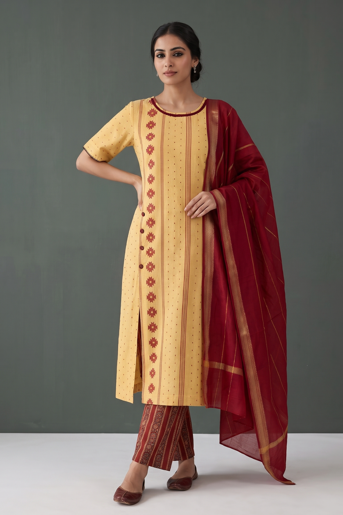 Sandstone and Amber Dots Dobby Cotton Side Button Adjustable Slit Kurta