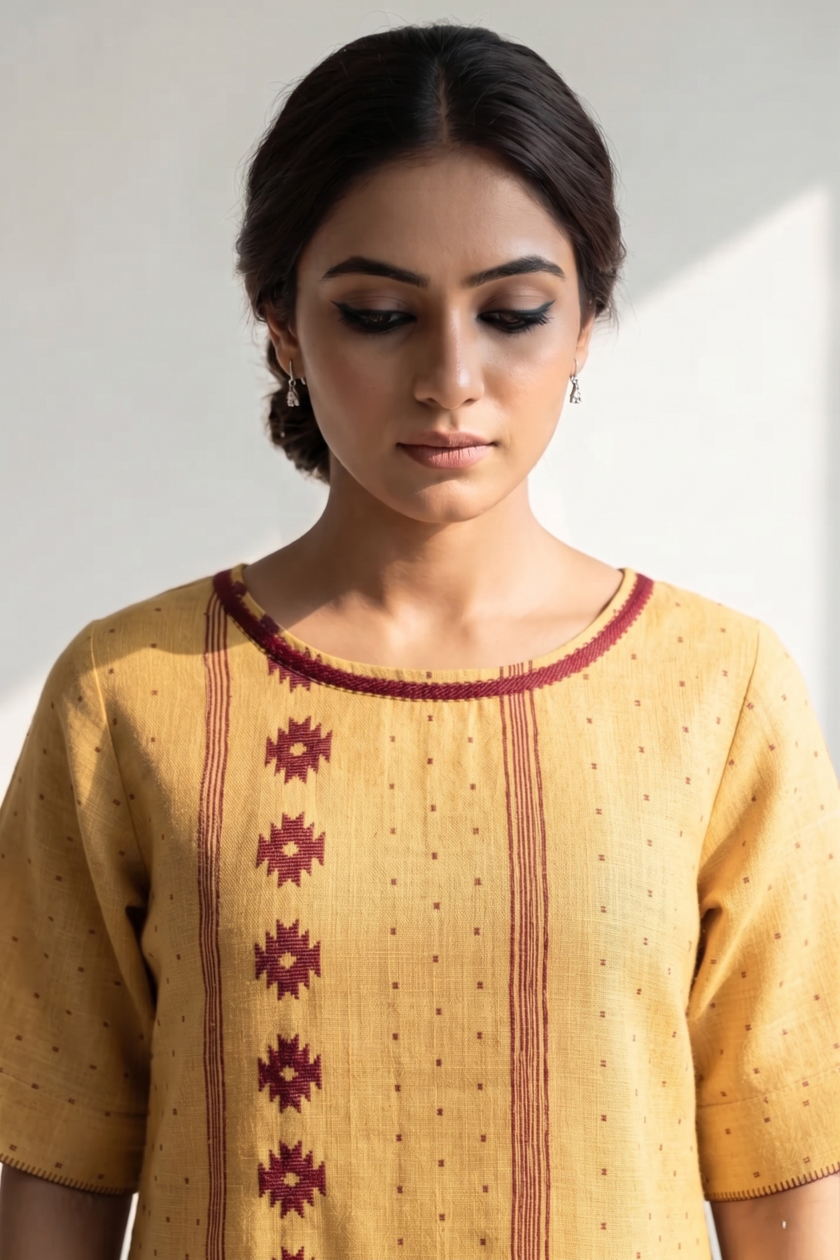 Sandstone and Amber Dots Dobby Cotton Side Button Adjustable Slit Kurta