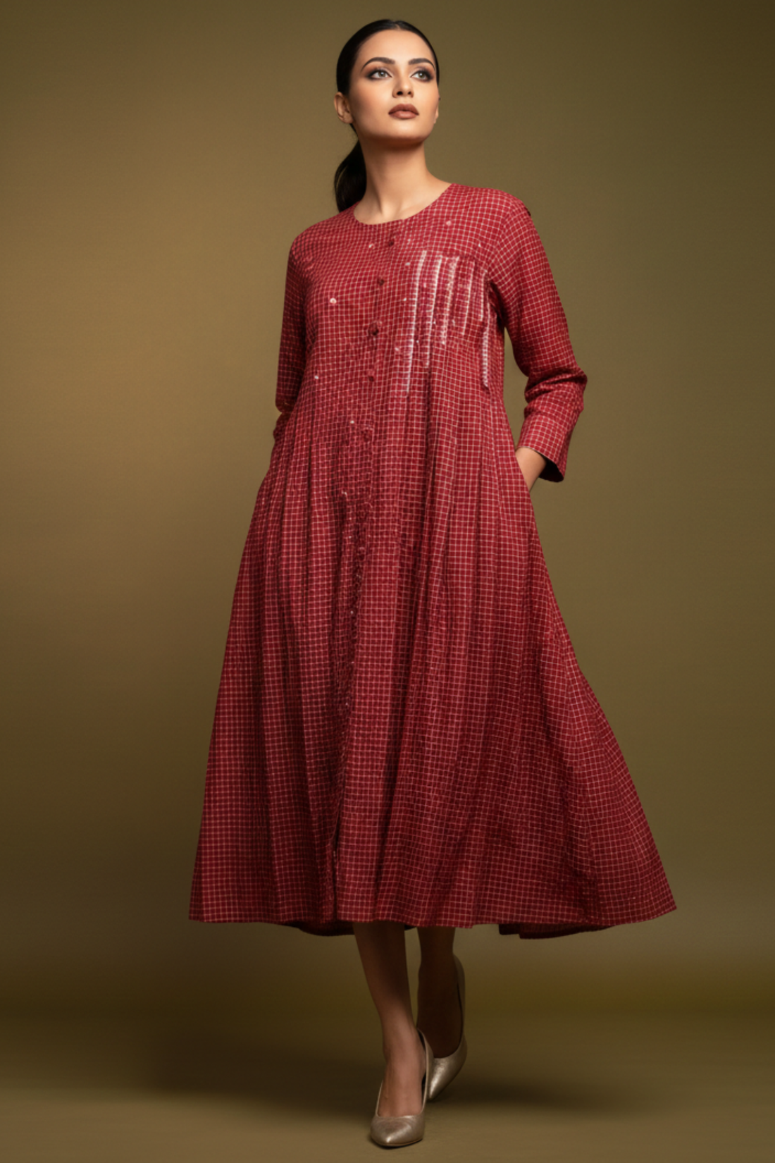 Red checks Cotton Pleated dress with pockets and embroidery