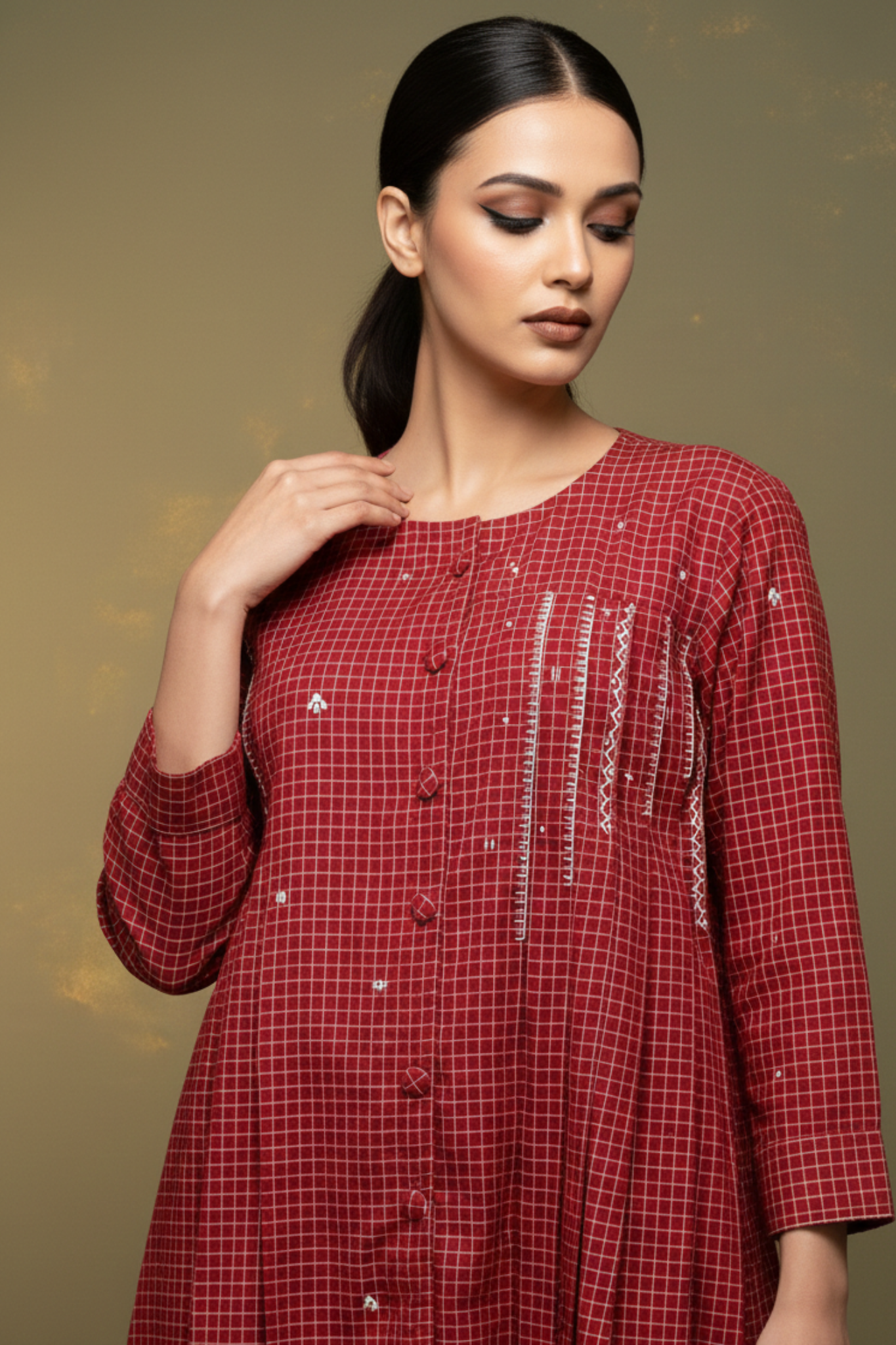 Red checks Cotton Pleated dress with pockets and embroidery