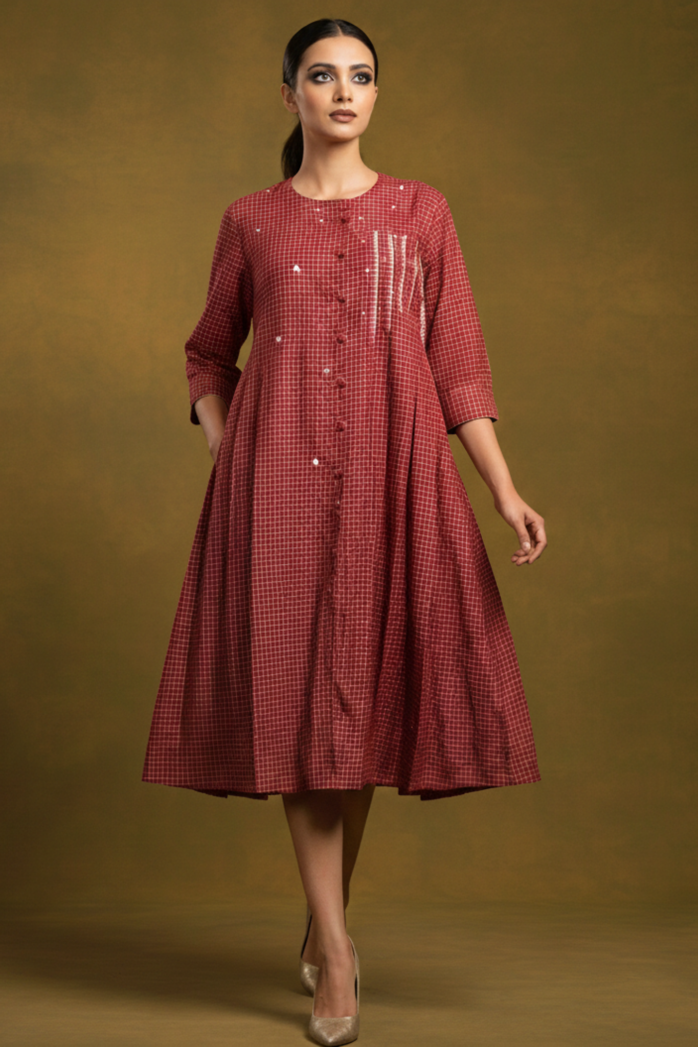 Red checks Cotton Pleated dress with pockets and embroidery