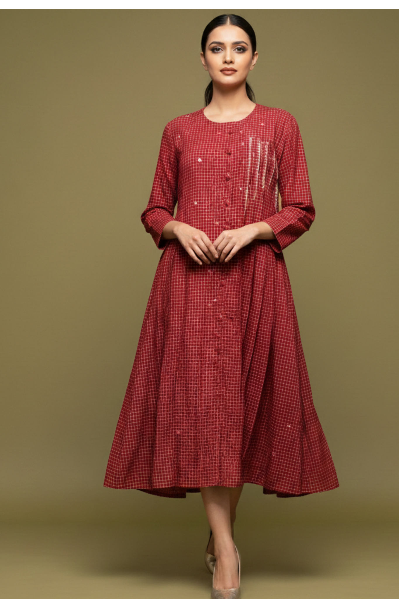 Red checks Cotton Pleated dress with pockets and embroidery