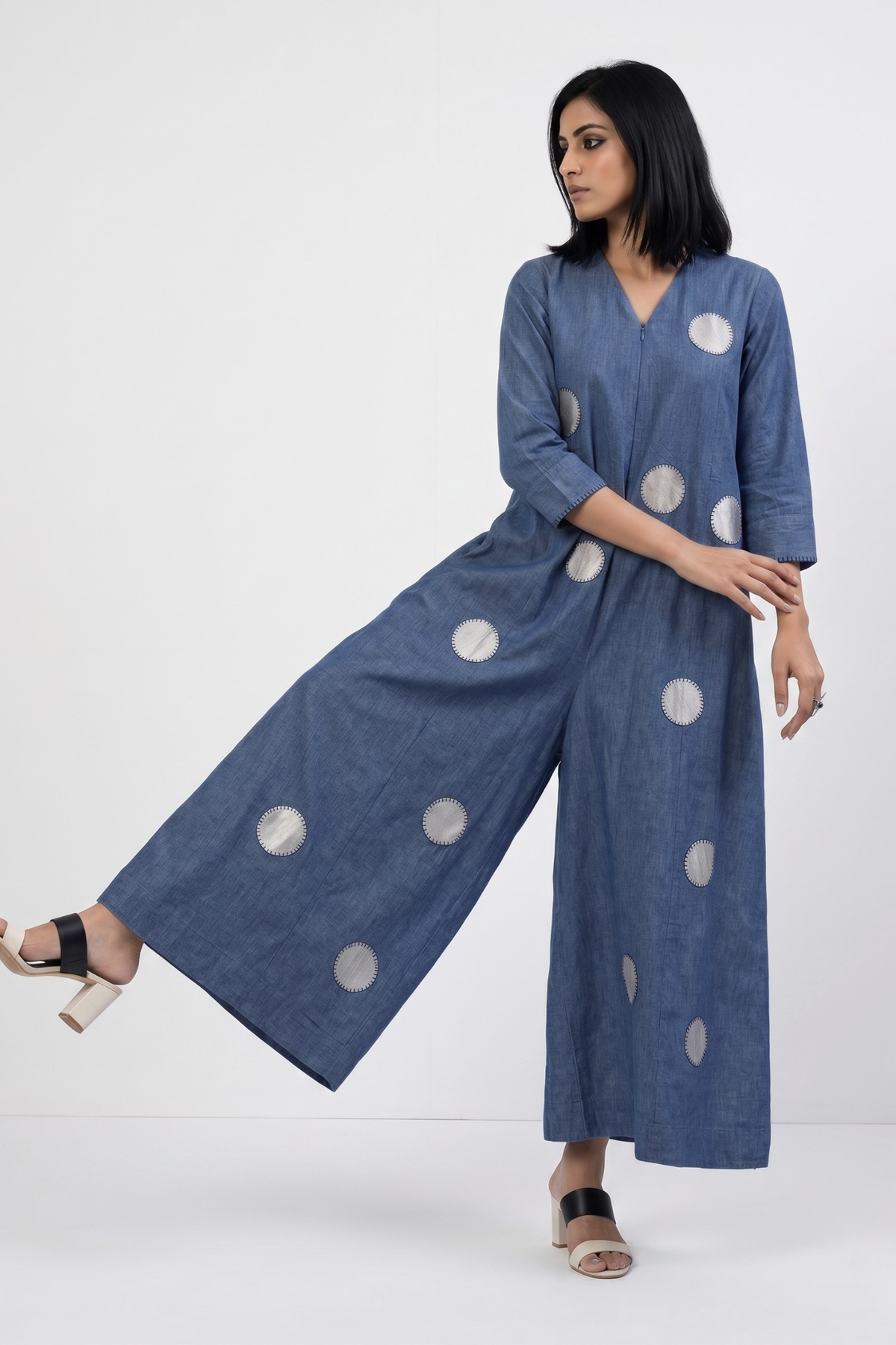 Cotton denim blue Front_Zipper_Cotton_Jumpsuit_with_Pockets__Sleeves