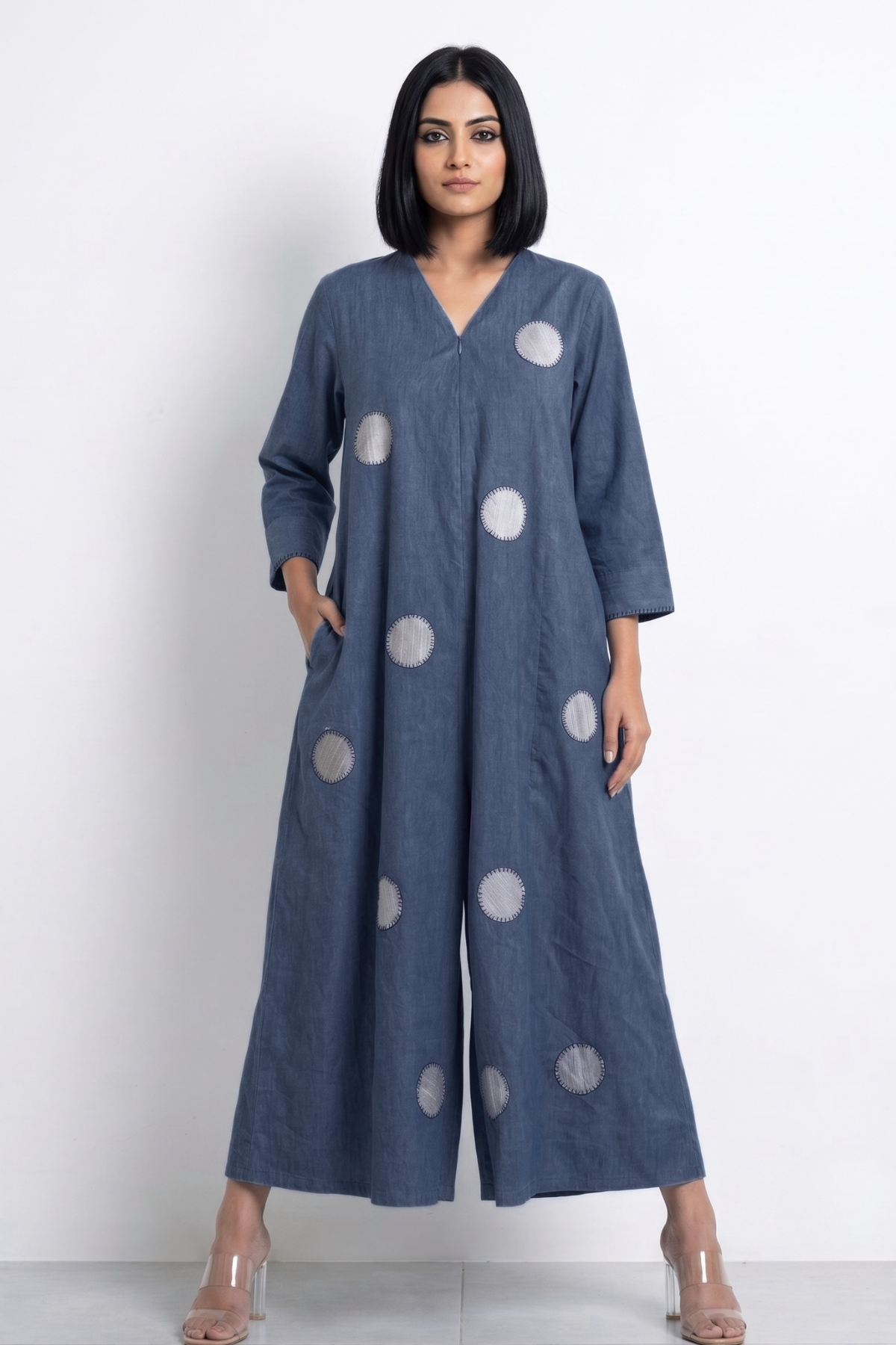 Cotton denim blue Front_Zipper_Cotton_Jumpsuit_with_Pockets__Sleeves