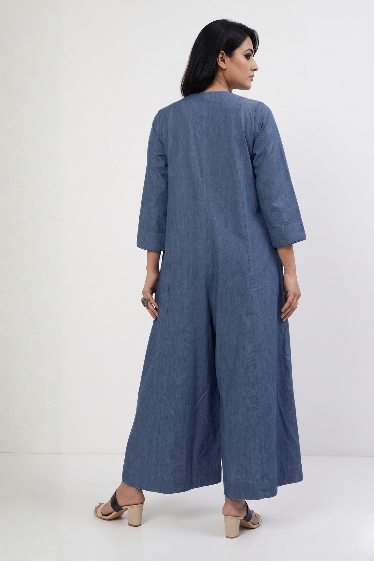 Cotton denim blue Front_Zipper_Cotton_Jumpsuit_with_Pockets__Sleeves