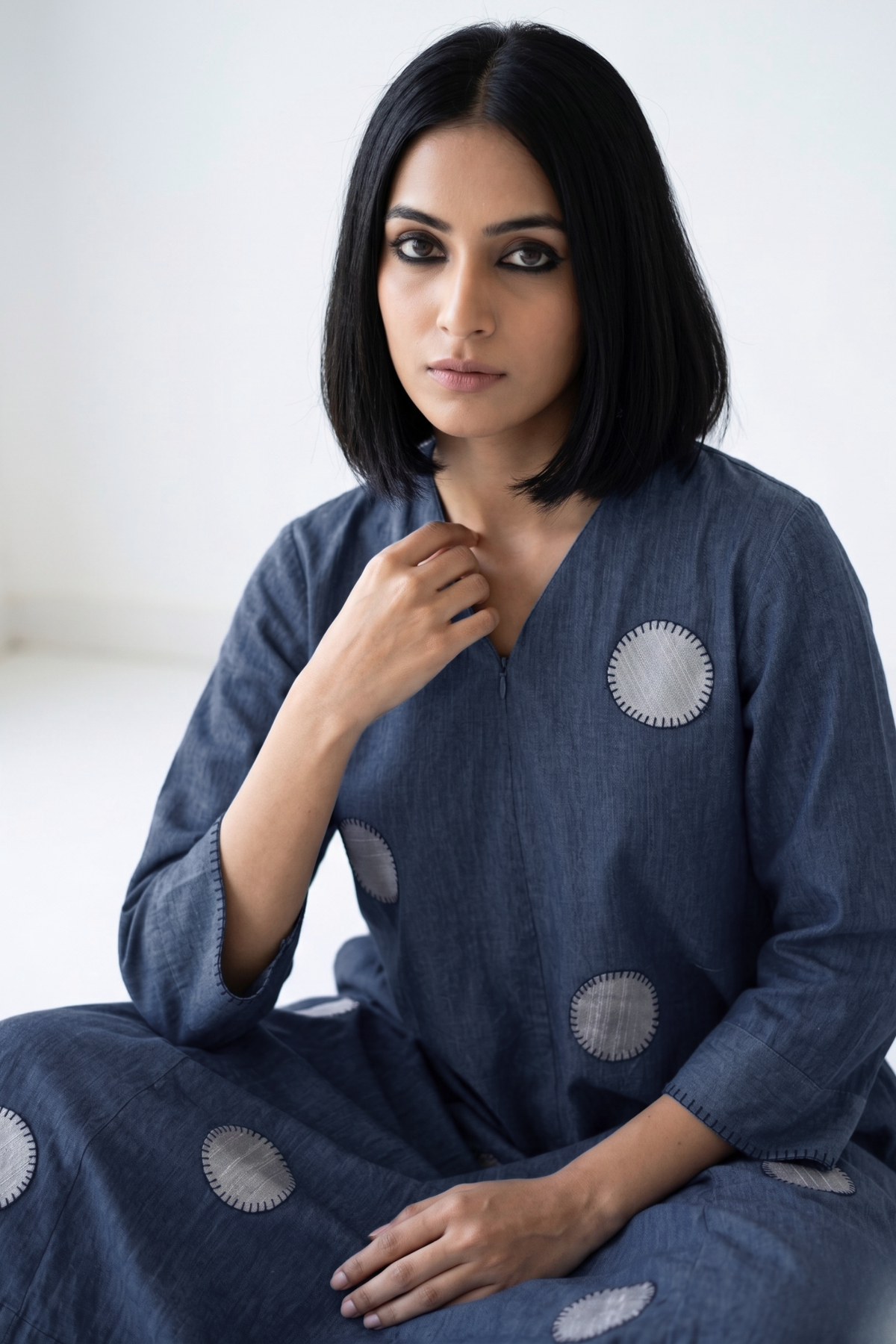 Cotton denim blue Front_Zipper_Cotton_Jumpsuit_with_Pockets__Sleeves