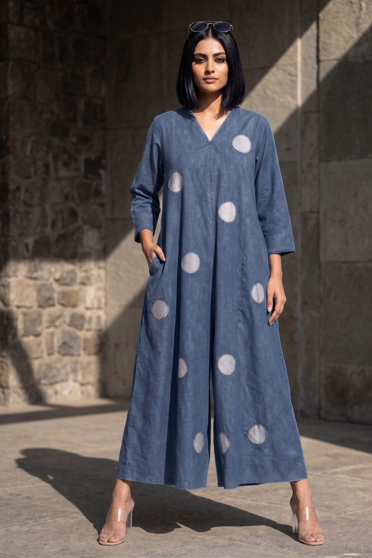 Cotton denim blue Front_Zipper_Cotton_Jumpsuit_with_Pockets__Sleeves
