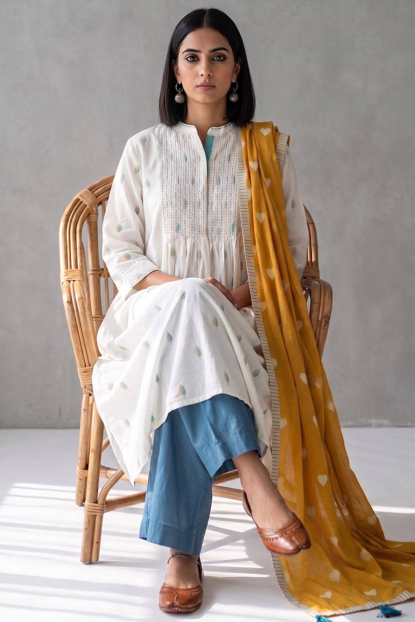 White Collar puntuck Kurta with blue yellow motifs